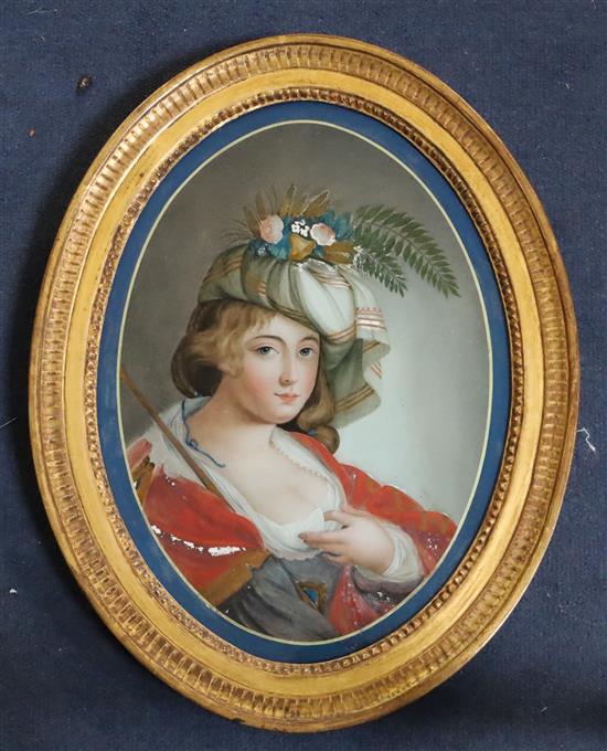 A 19th century English School reverse painted glass panel of a young lady representing Autumn 13.5 x 9.75in.